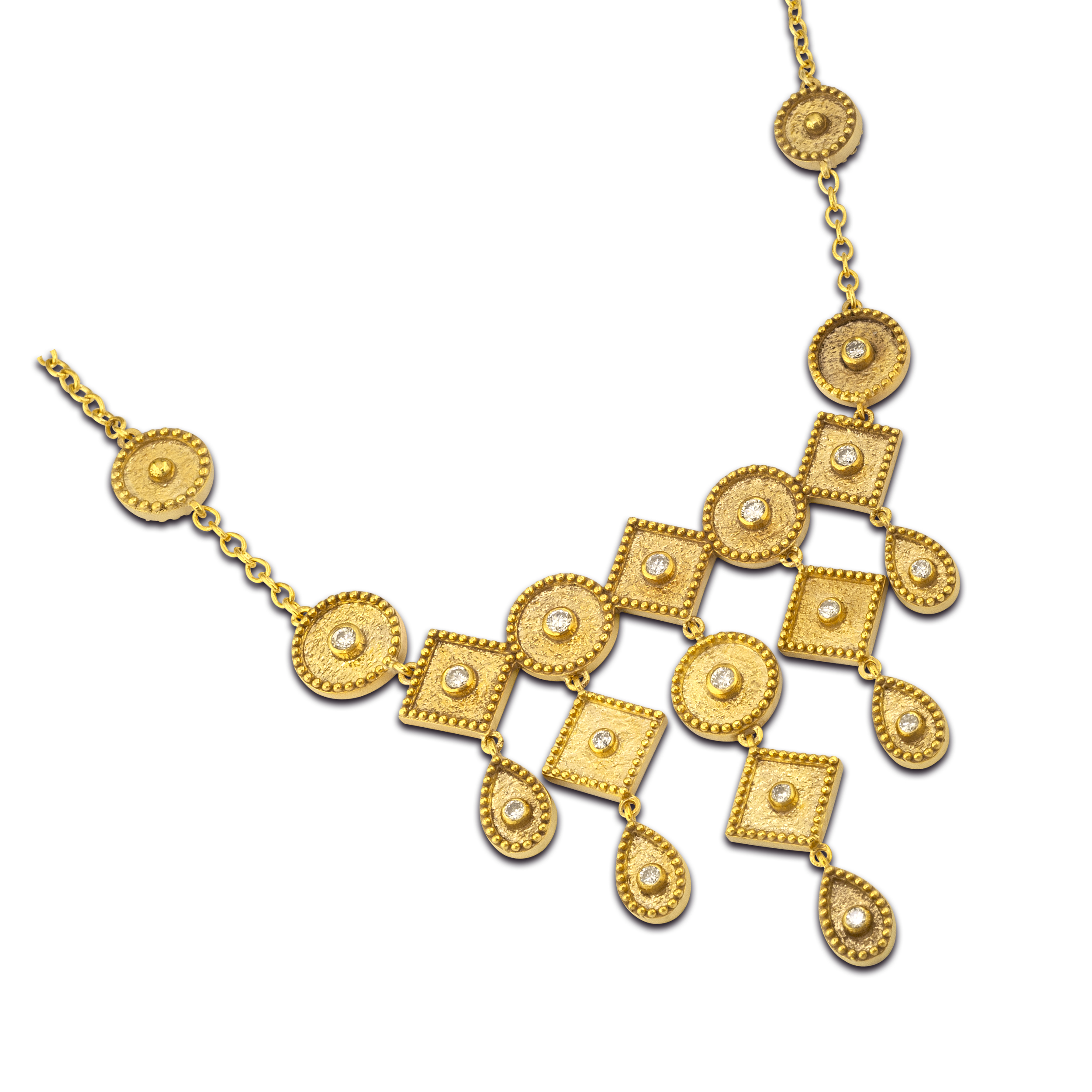 cluster geometric gold pendant made from k18 gold and diamonds