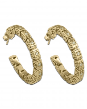 meander hoop gold earrings with diamonds
