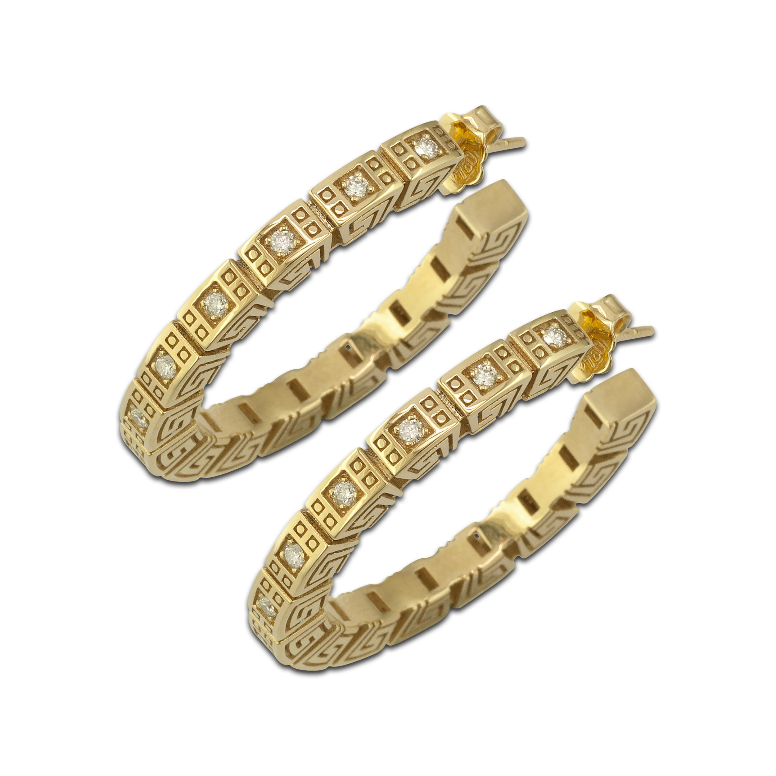 meander hoop gold earrings with diamonds