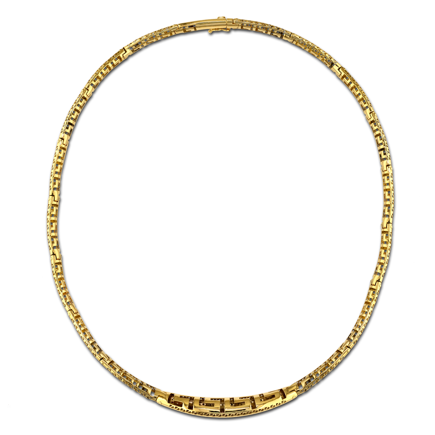 meander gold necklace with diamonds and rubies