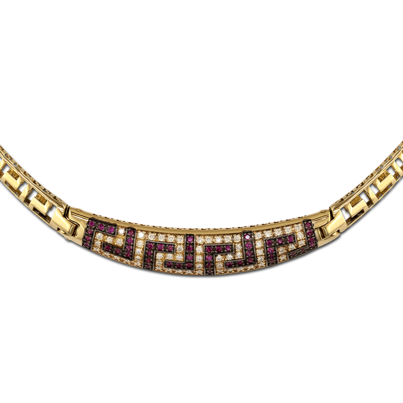 meander gold necklace with diamonds and rubies