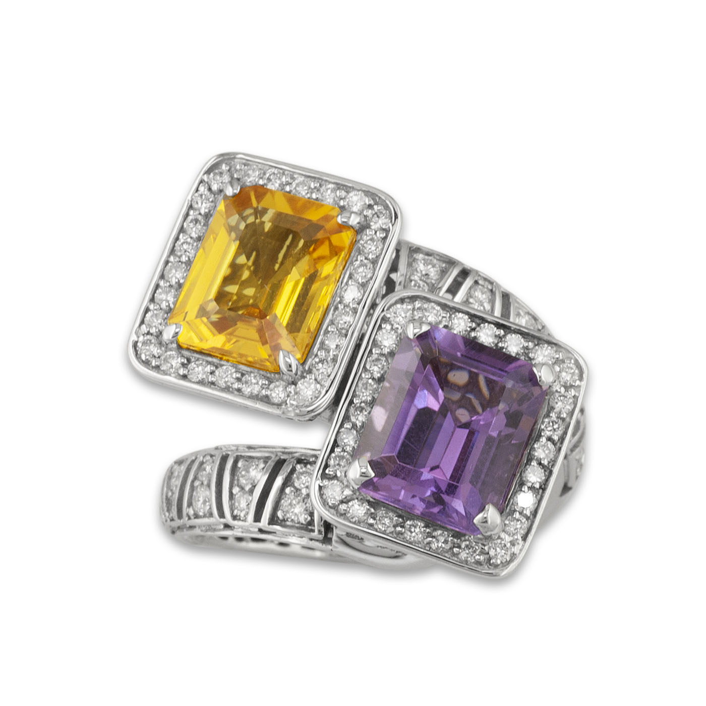 yellow sapphire and amethyst white gold ring with diamonds