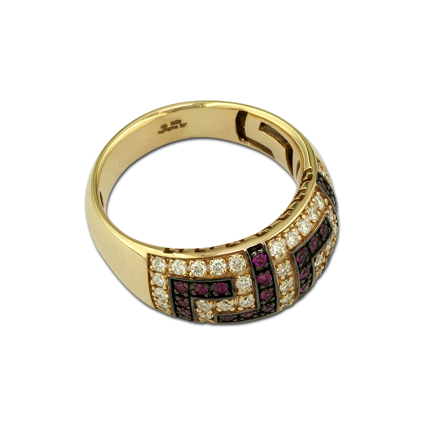 meander gold ring with diamonds and rubies
