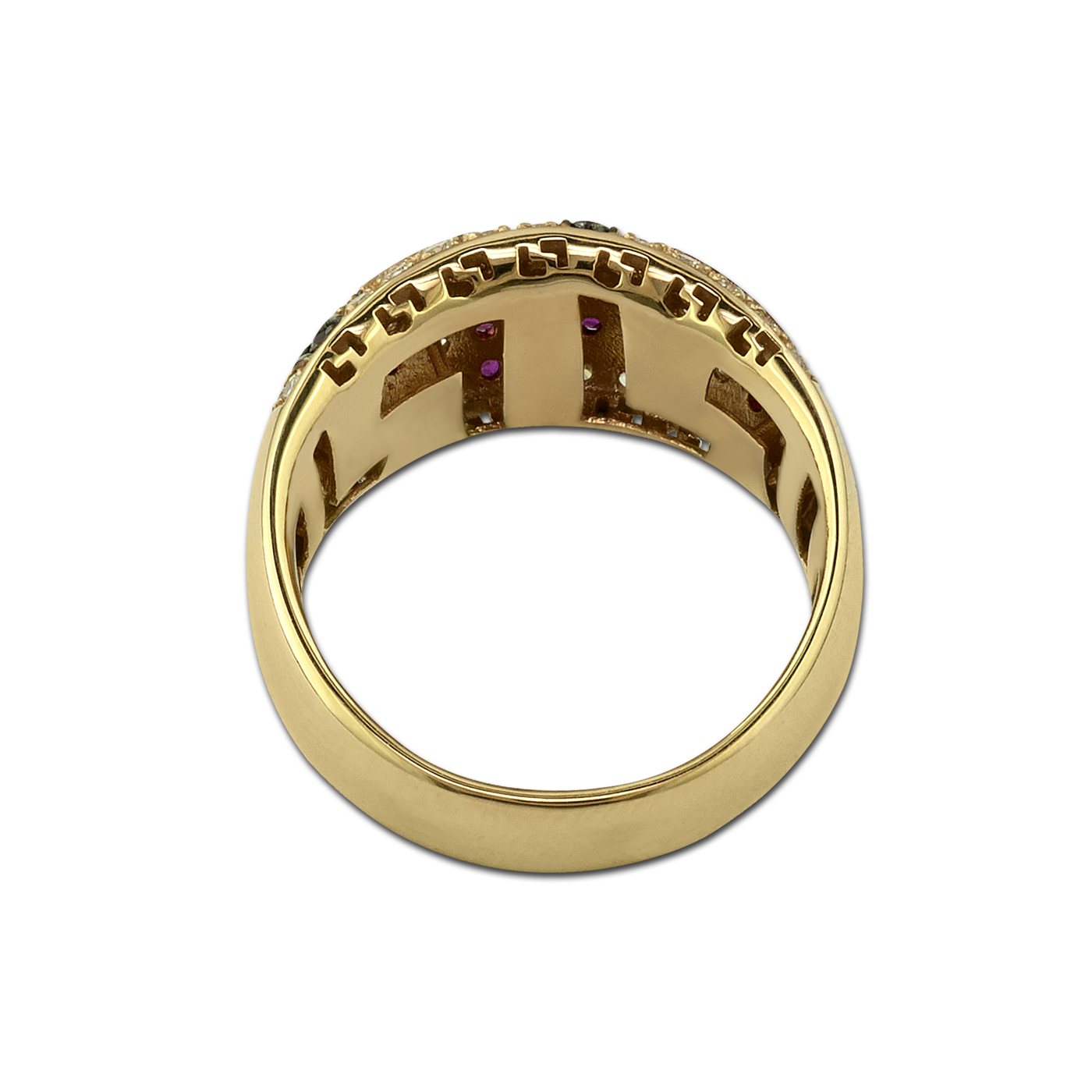 meander gold ring with diamonds and rubies