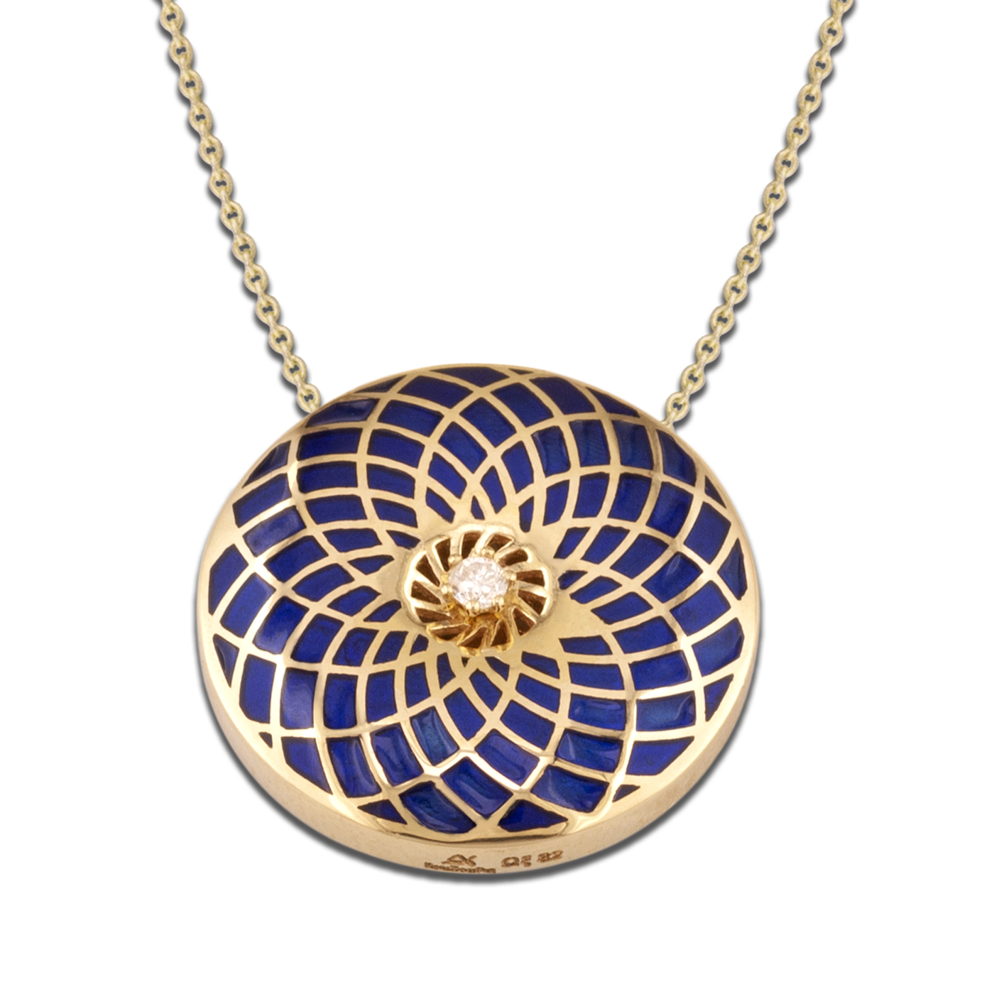 gold flower pendant with diamonds and enamel