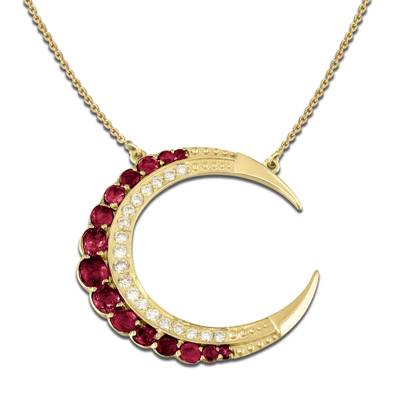 gold moon pendant with diamonds and rubies