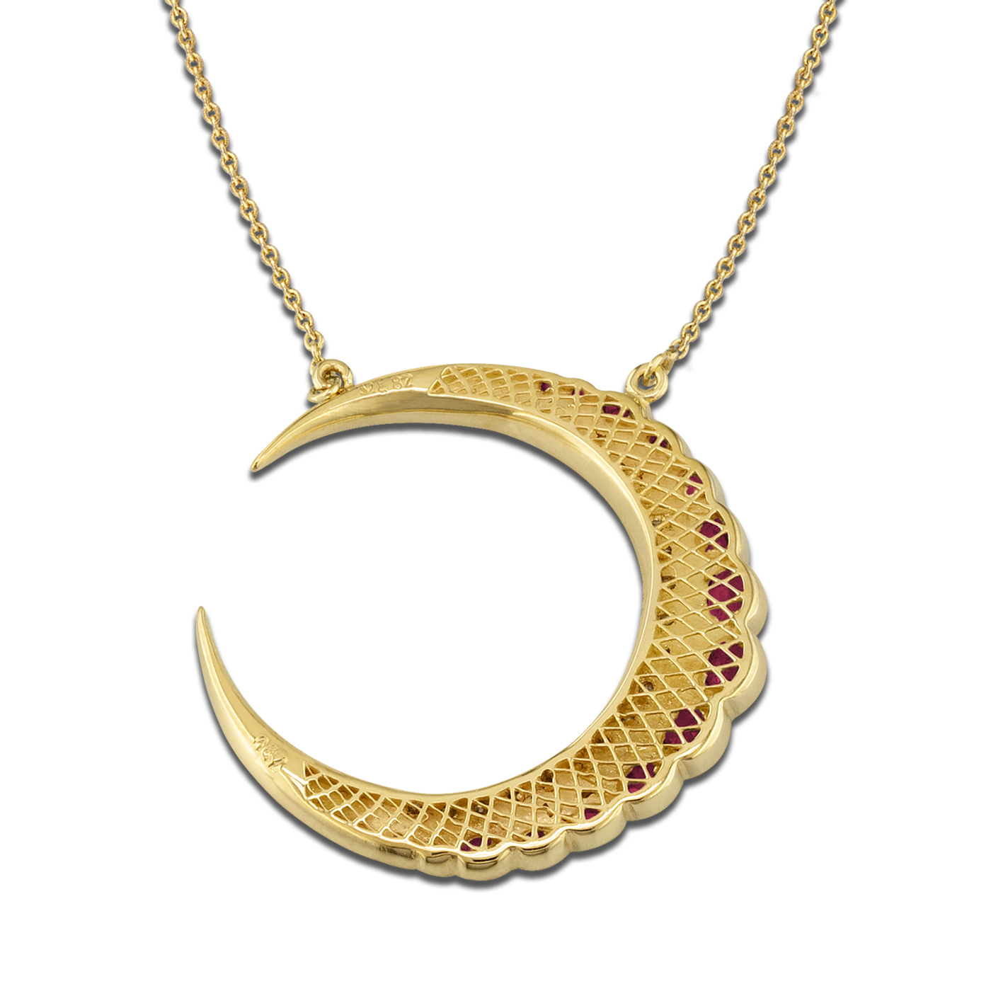 gold moon pendant with diamonds and rubies