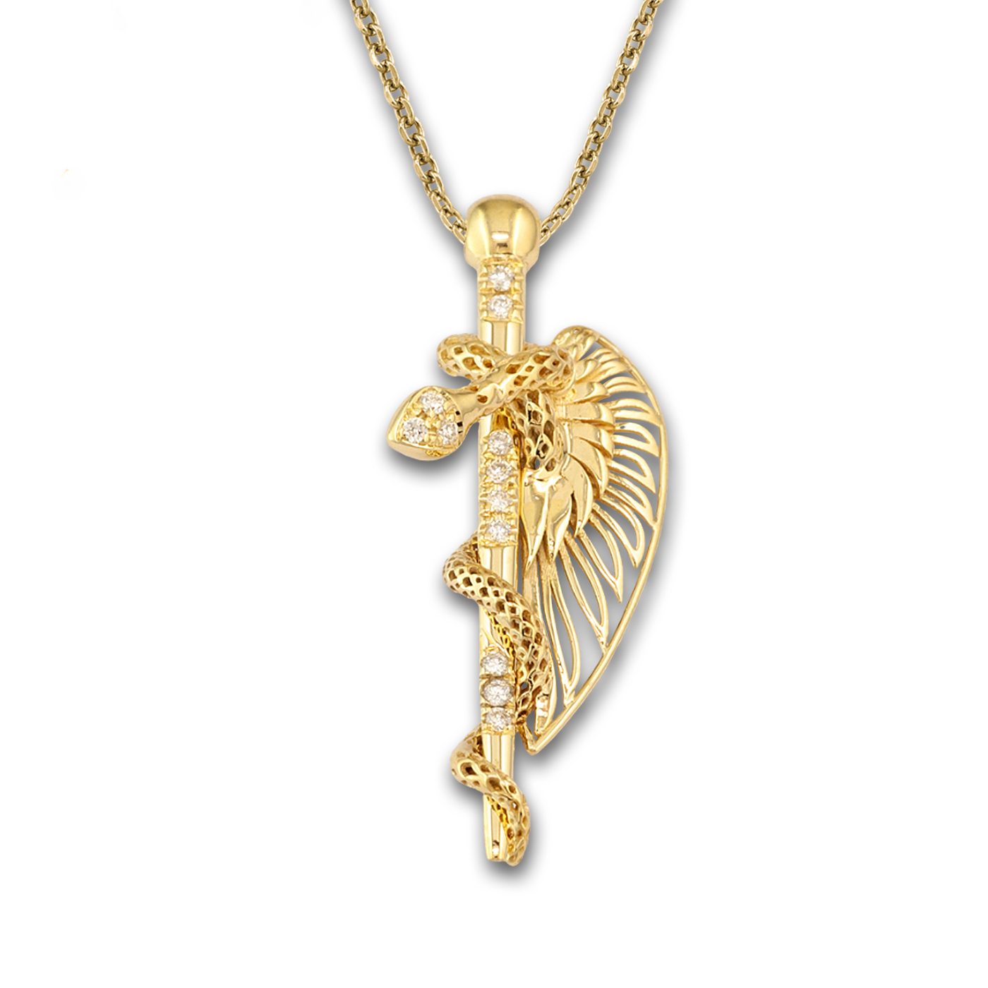 Hermes Caduceus Gold Pendant with diamonds