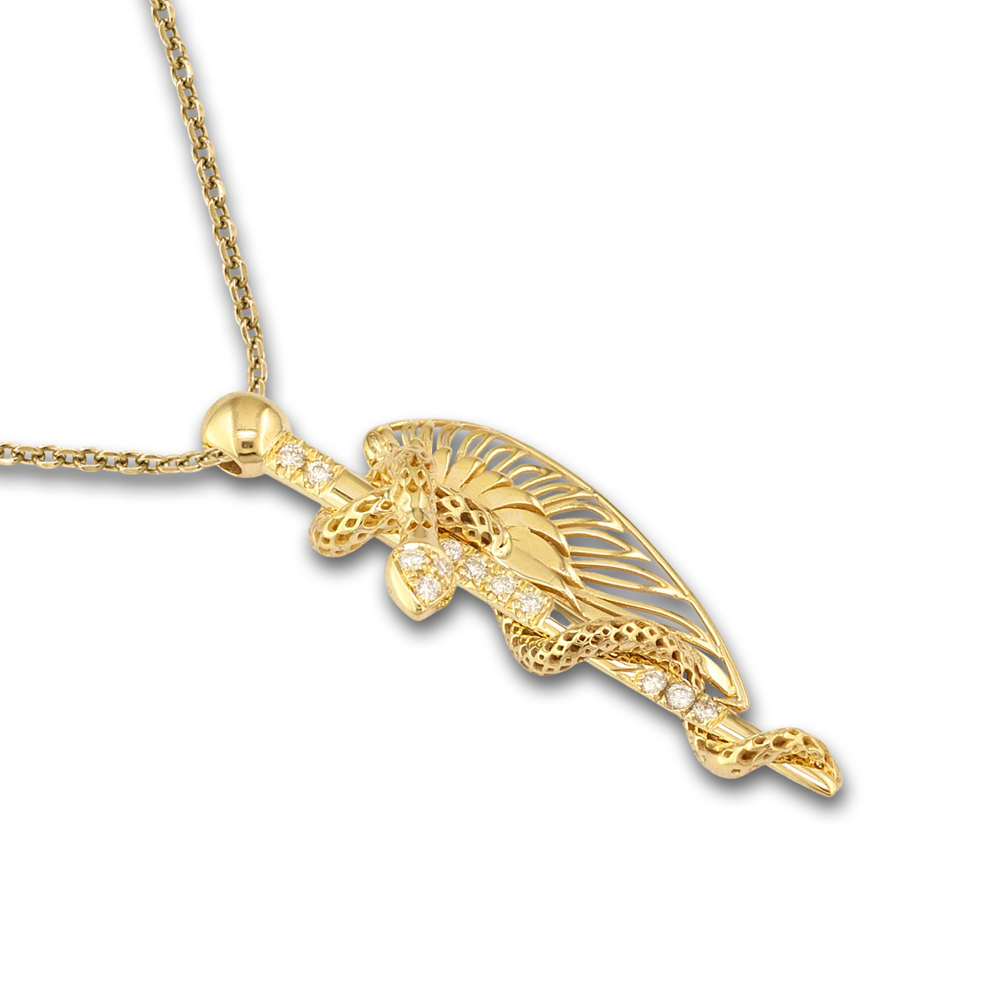 Hermes Caduceus Gold Pendant with diamonds