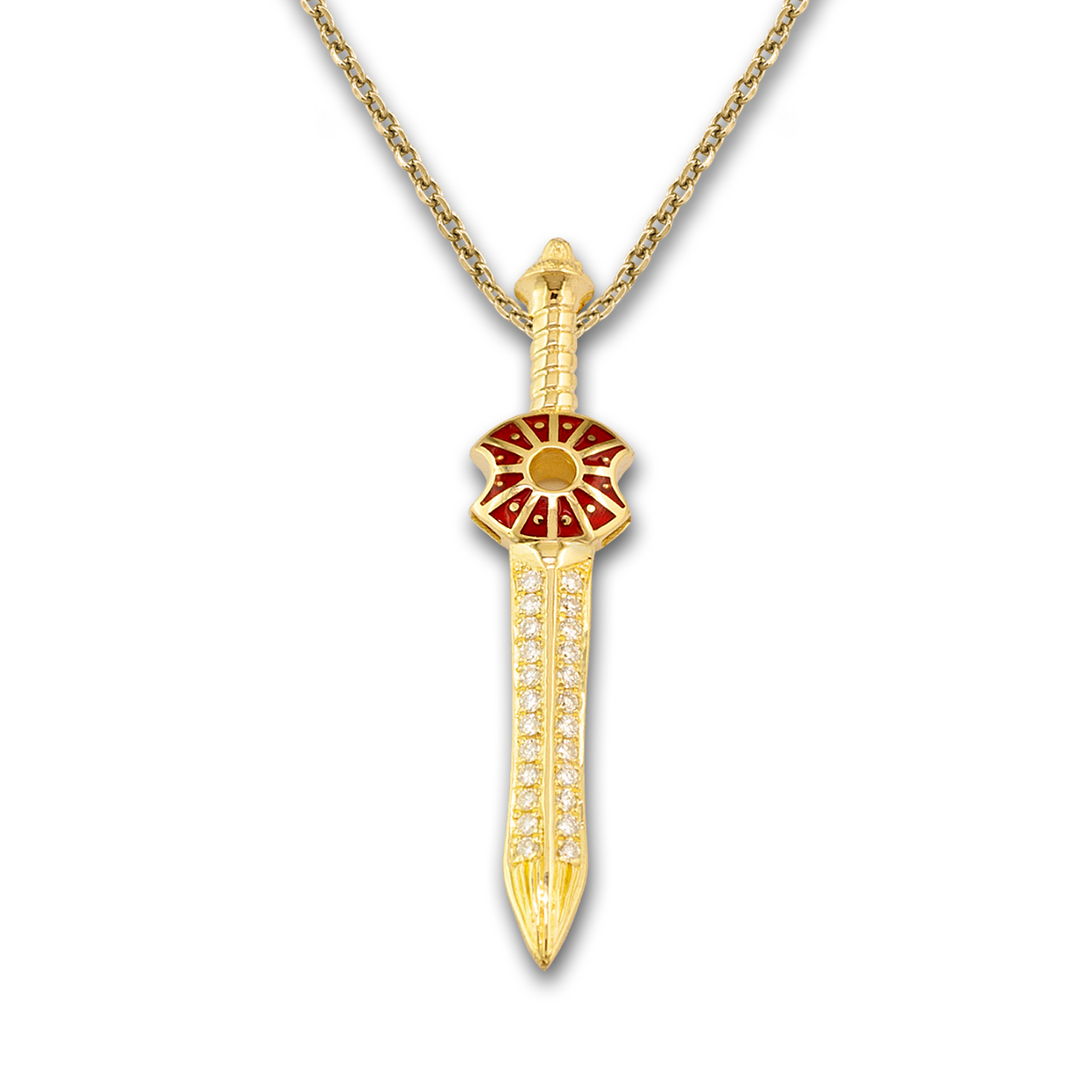 Ares Sword & Shield Gold Pendant with diamonds and enamel